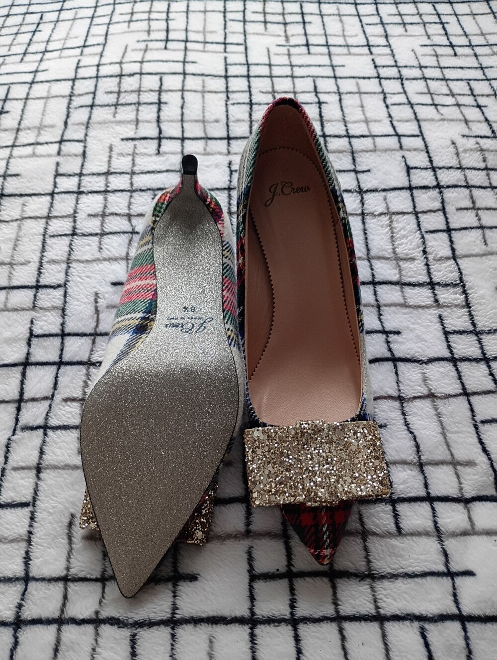 J. Crew Colette Pumps Plaid Gold Glitter Bow Pointed Toe Heels Size 8.5 NWOT - Picture 5 of 8